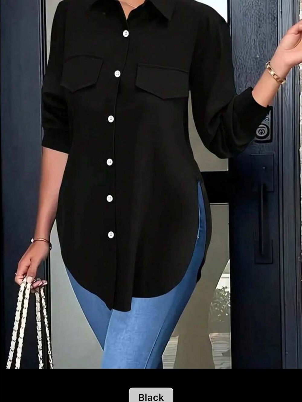 SHEIN Black Button-Front Tunic Blouse